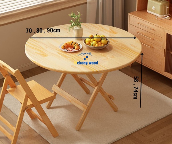 kích thước bàn ăn xếp gọn gỗ thông hình tròn